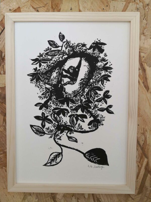 Illustration linogravure artisanale Un singe en hiver
