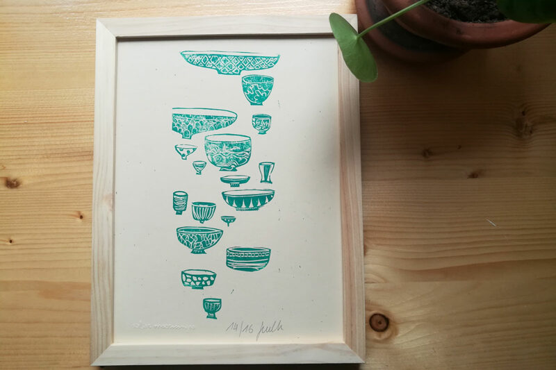illustration linogravure bols et plats